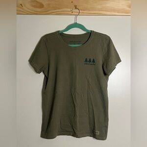Life is Good Short Sleeve T-Shirt Trees Please Olive Green Women Size Medium